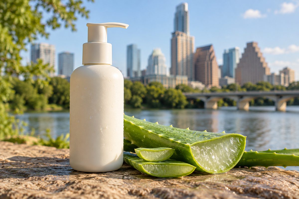Pump bottle of calming aloe daily moisturizer standing in the dispensary catalogue