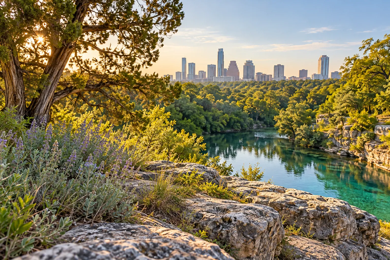 Native Texas limestone bedrock and sun-drenched cedar landscape in Austin