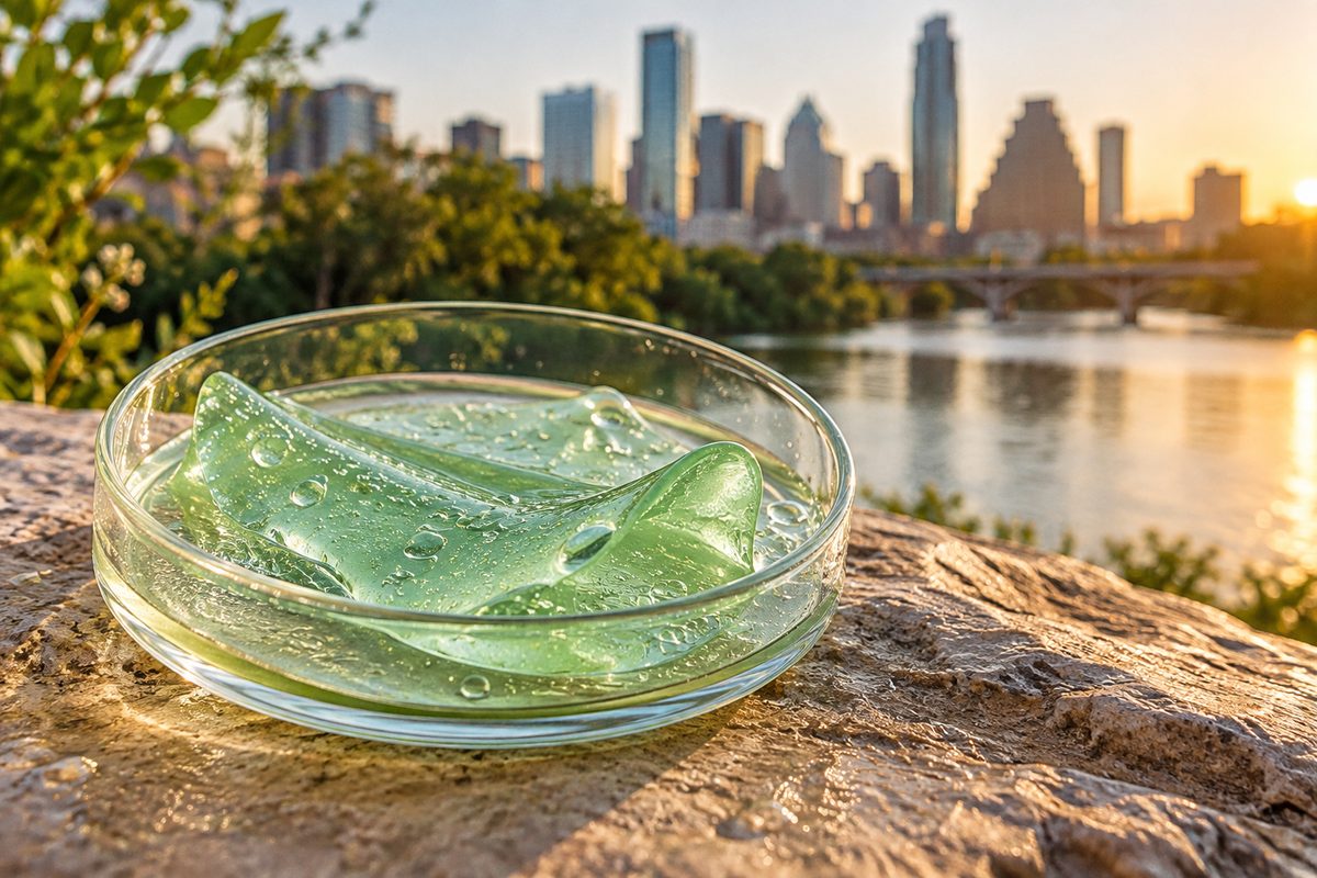 Clear glass cosmetic dish containing cooling emerald Centella hydrogel treatment