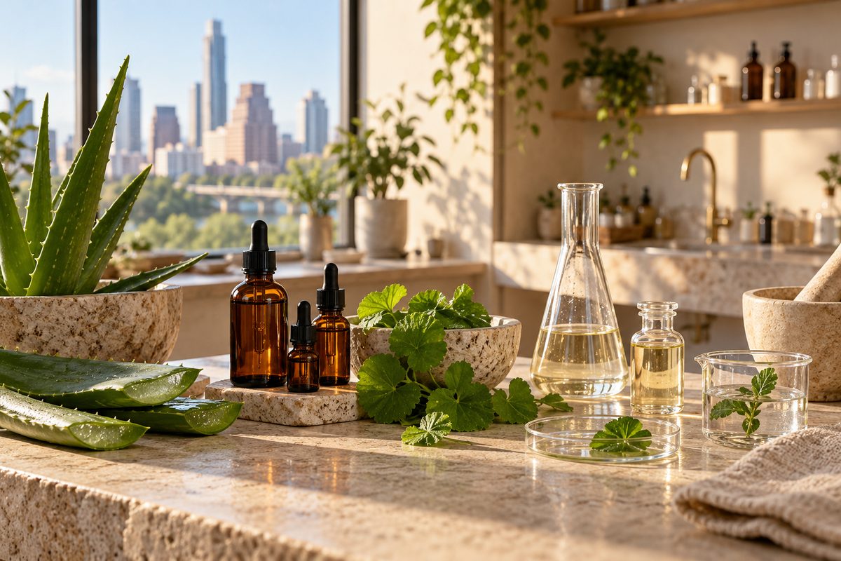 Amber dropper bottles and fresh botanical clippings on a warm limestone counter in our Austin skincare studio