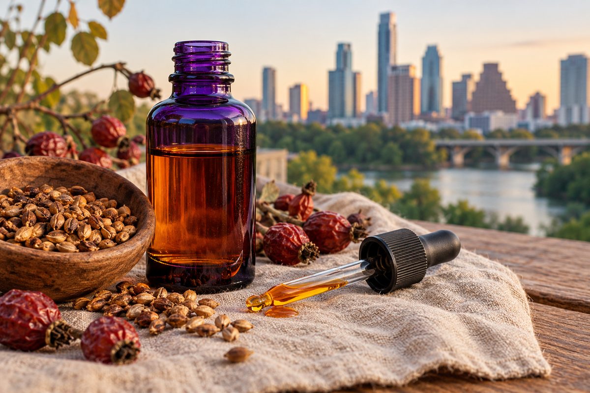 Dark glass bottle of vivid amber cold-pressed rosehip seed oil on raw natural linen