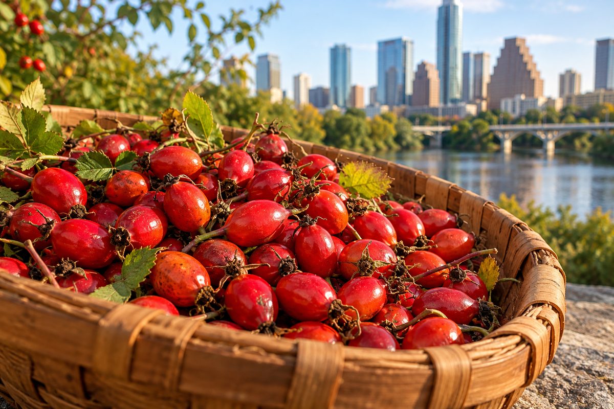 Vibrant red wild rosehip berries in a cedar basket awaiting seed oil extraction