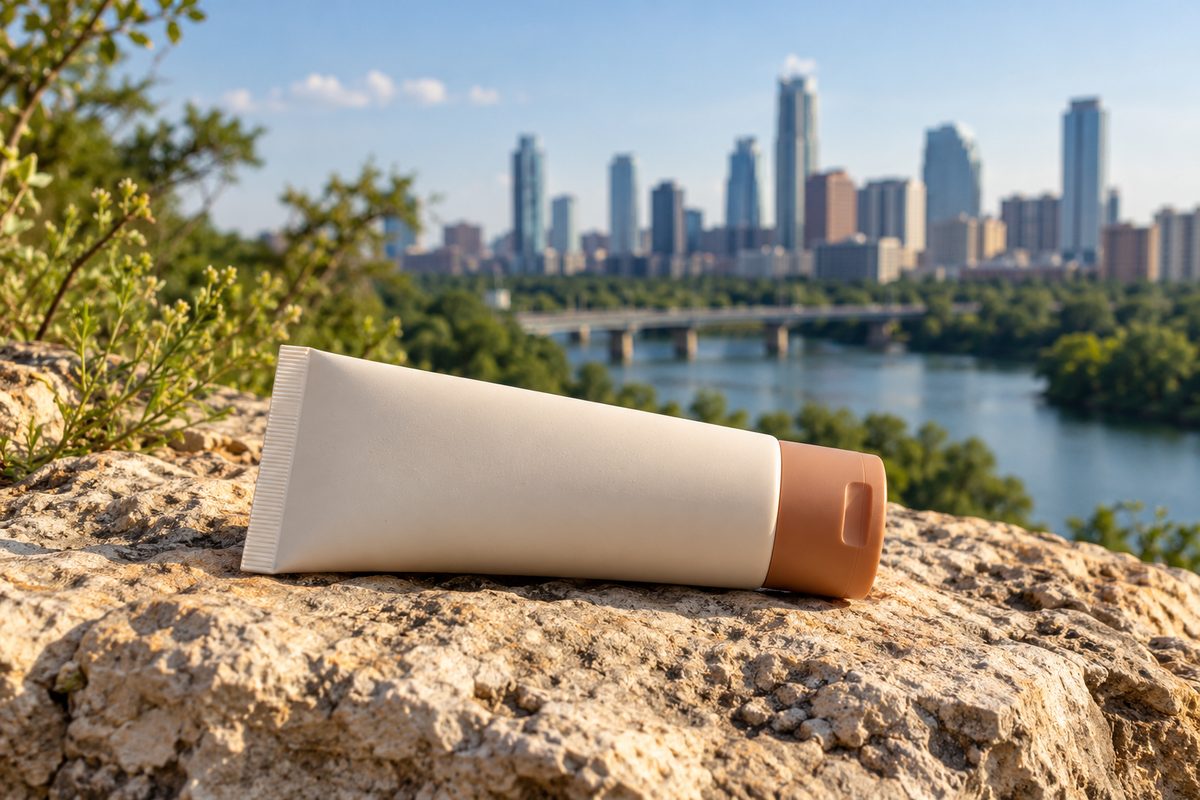 Mineral SPF 30 sunscreen tube resting on sun-bleached Texas limestone