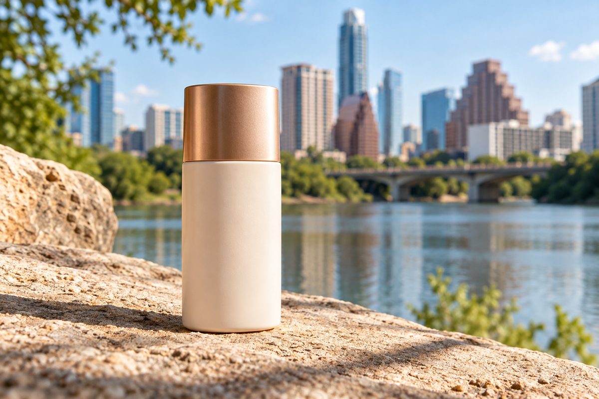 Fluid mineral SPF 50 defense bottle standing on textured sand surface