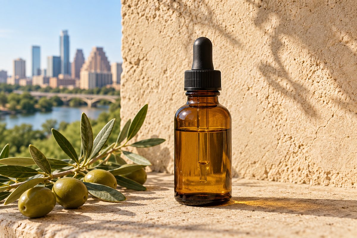Amber glass dropper bottle of pure plant squalane oil against warm plaster
