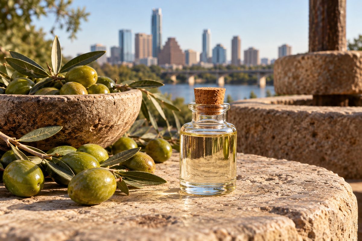 Green olives beside a laboratory vial of clear plant squalane lipid extract