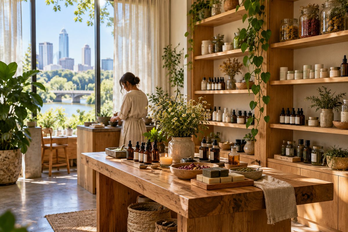 Light oak apothecary dispensary and client consultation space at our Austin studio