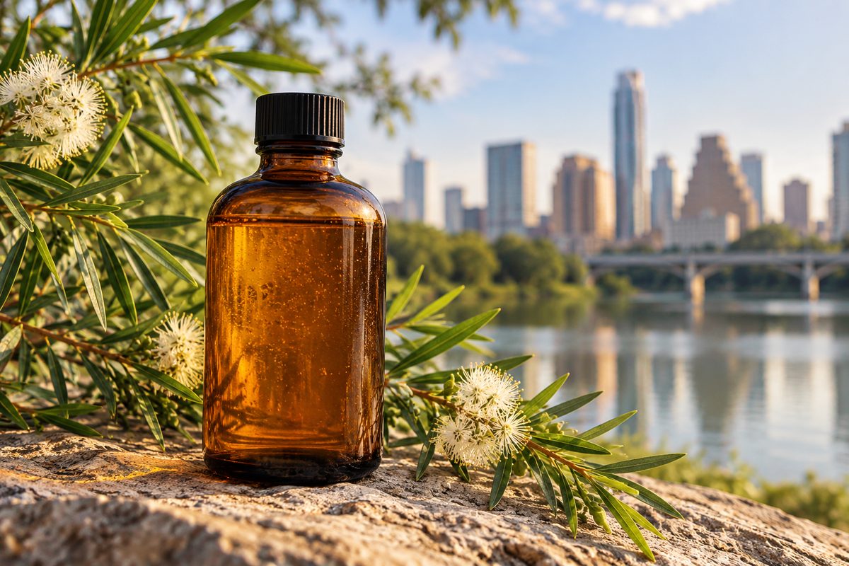 Amber bottle of clarifying tea tree cleanser framed by fresh medicinal tea tree foliage