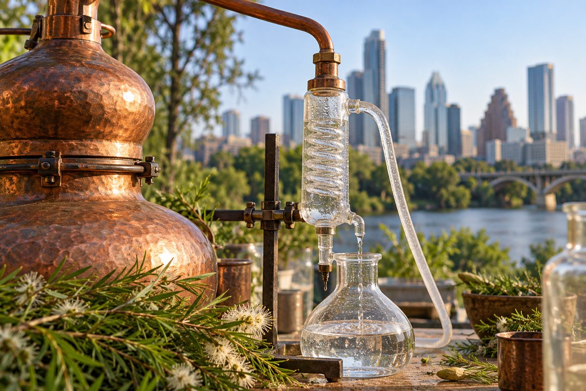 Glass laboratory distillation column condensing pure organic tea tree botanical extract